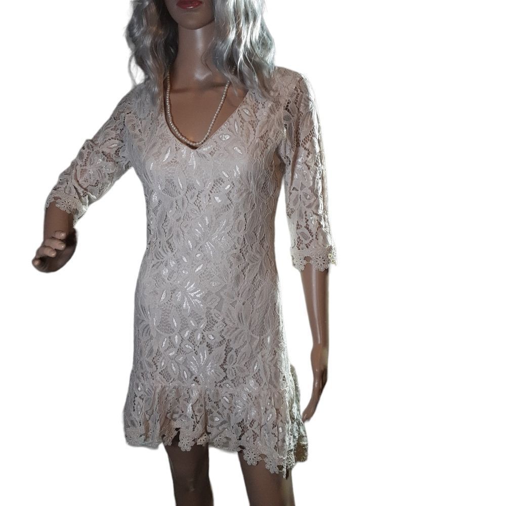 T&J DESIGNS Dress High Low Cream Lace Lined Asymmetrical 36" Bust - Picture 5 of 9
